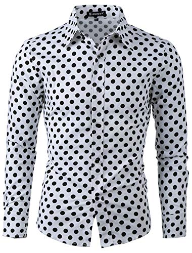 uxcell Men's Shirts Polka Dots Long Sleeve Slim Fit Printed Dress Button Down Shirt 42 White