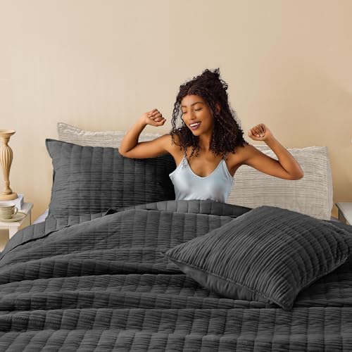 Image of Wonderful Corduroy Texture Black Grey Quilt Set Queen - Hypoallergenic Skin-Friendly Soft Plush Velvety Touch Bedspread, Classic Vertical Striped Lightweight Coverlet for All Season, 106 inchx94 inch