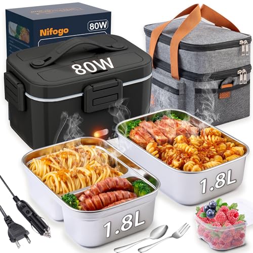 Nifogo Electric Lunch Box for Adults with 2 Stainless Steel Containers 1.8L 80W Heated Lunch Boxes for Men Electric LunchBox Food Heater Portable 12/24/110V for Work Car Truck (Black)