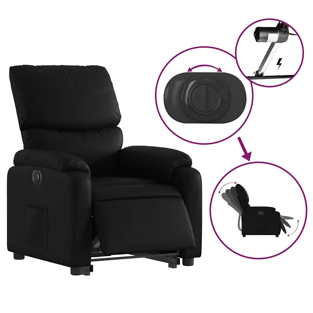 Sillón elevador reclinable eléctrico de piel sintética negra con función de elevación e inclinación a 135 grados, estructura estable y bolsillo lateral, asiento cómodo para adultos
