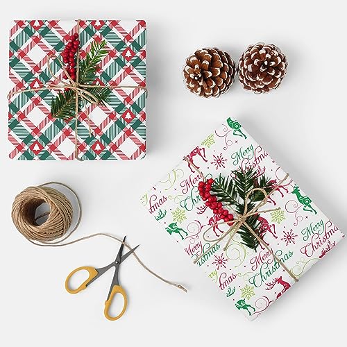 WAPLIGHAL Christmas Wrapping Paper for Men Women Kids - Holiday Gift Wrap with Green & Red Plaid, Reindeer, and Striped Snowflakes Design - 6 Floded Sheets, Each 29 x 42 Inches, Recycled, Easy to Store