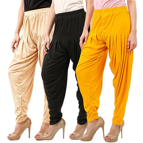 Image of Buy That Trendz Patiyala Pants for Women Pack of 3 Viscose Pants for Womens Patiyala Salwar Bottoms Light Skin-Black-Yellow XL