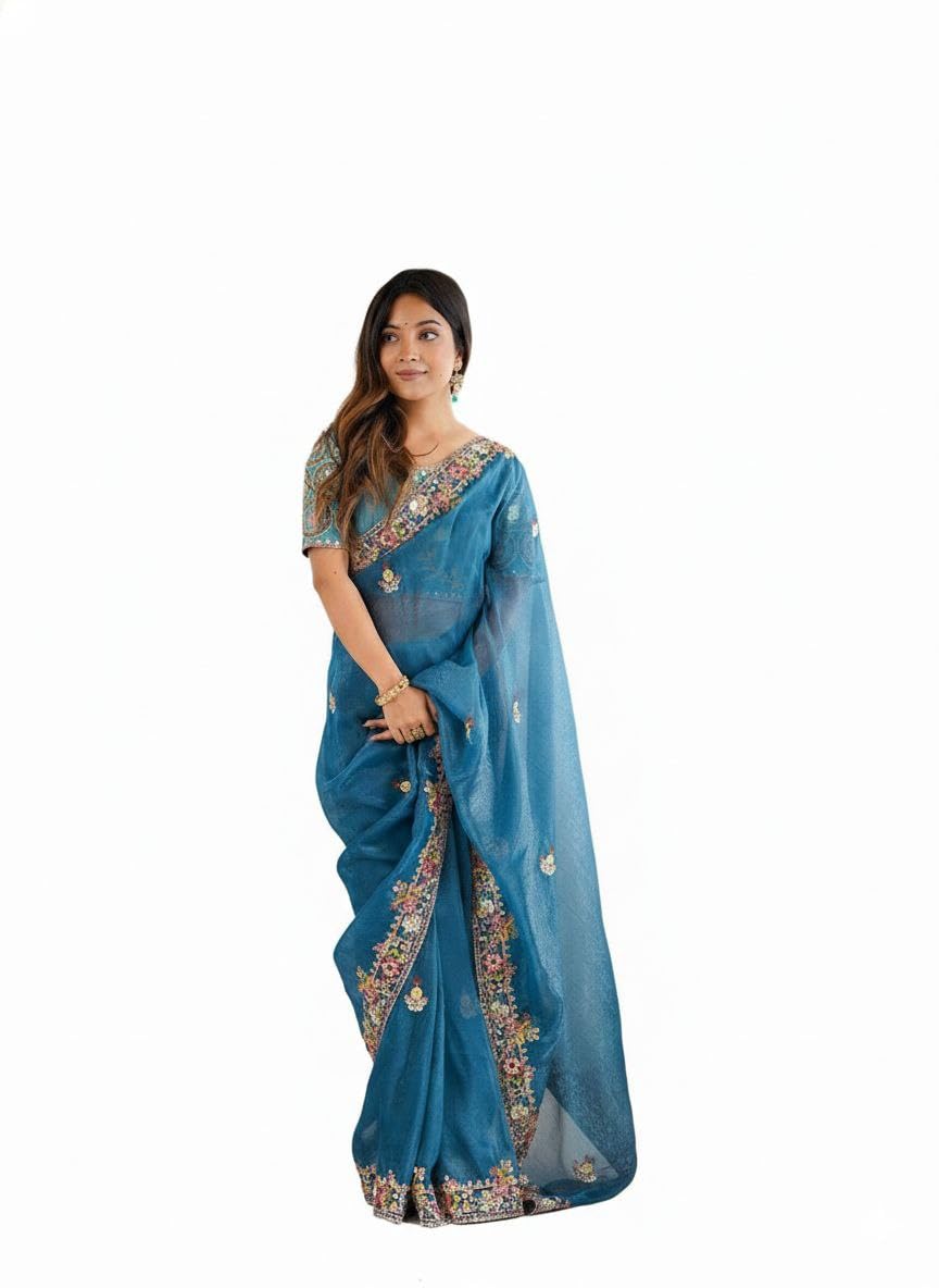 Women's Premium Crunchy Embellished Saree With Unstitched Blouse Piece