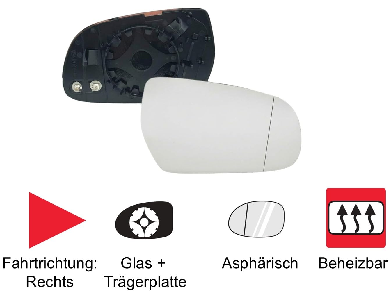 HZ-DESIGN Vetro Specchietto per Vetro Specchio Esterno Destro Asferico Compatibile Con A3 8P Da 2010 A4 8K Da 2009