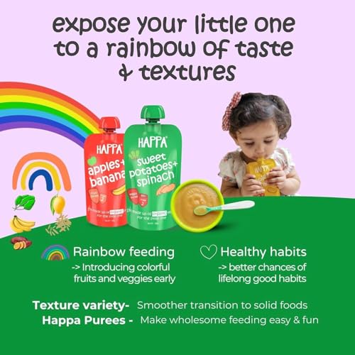 Image of Happa Organic Baby Food Apple Mango and Multigrain Puree | 100% Fruits | No Added Sugar, No Milk Powder, No Preservatives | Stage 3 (8 Months+) | Ready to Eat | Free from Common Allergens | Pack of 9 (100g Each)