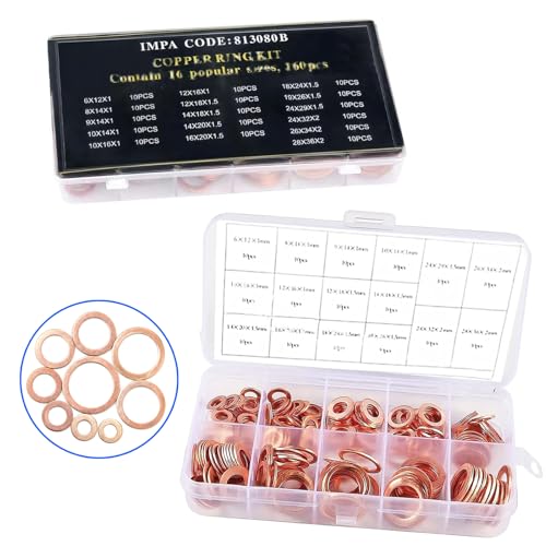 Image of 200 PCS Car Copper Flat Crush Washer Gasket Sets, M5 M6 M8 M10 M12 M14 Multi-Specification Oil Drain Plug Crush Washer, Tight Fit Leak-Proof Seals with Storage Box, Universal for Most Cars (Gold)