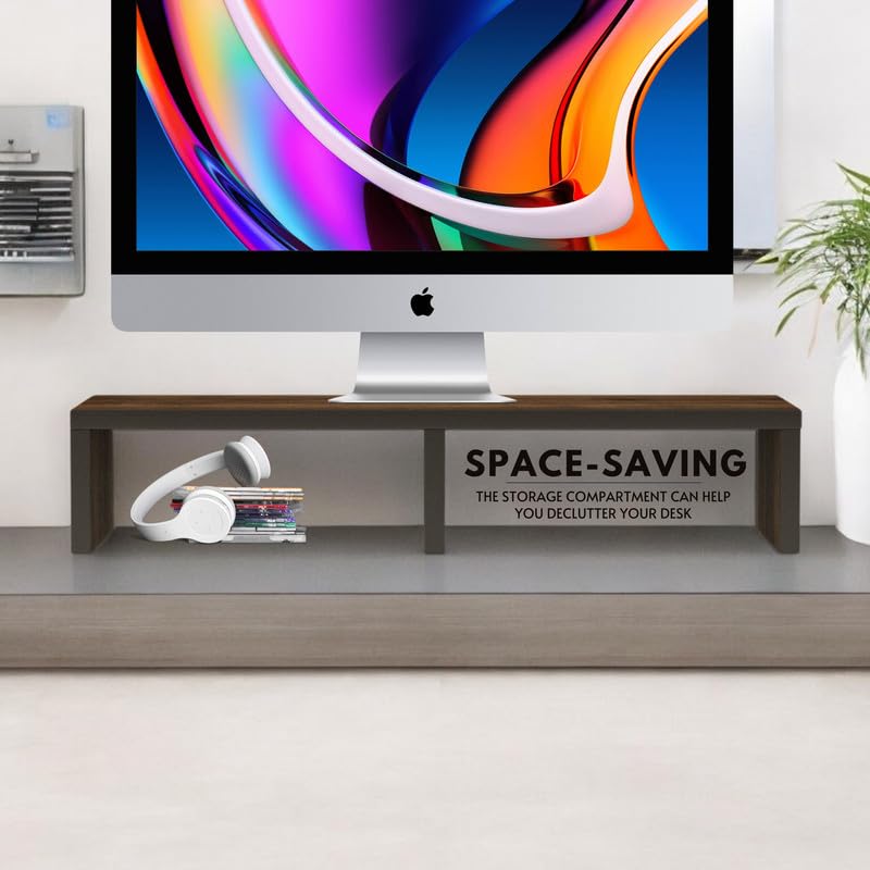 Image of flux Monitor Stand Wooden | Monitor Stand Riser | PC Stand For Desktop Table | , with 3 leg support, Non-Slip | Material: Particle Board Wood | Size: (59.5 cm x 20cm x 12cm) Brown