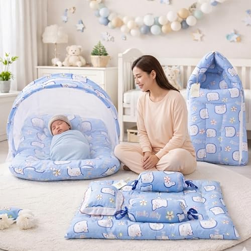 Image of Fareto Combo of Baby Mattress with Net | Carry Bag | 4 Pcs Bedding Set(0-6 Months) (Blue)