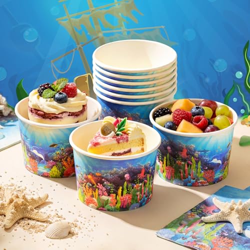 Image of Funnymoom 50 Pack Under The Sea Ice Cream Cups 9 oz Ocean Disposable Dessert Bowls Under The Sea Animal Paper Soup Bowls Snack Cups for Hot or Cold Food Underwater Creatures Birthday Party Supplies