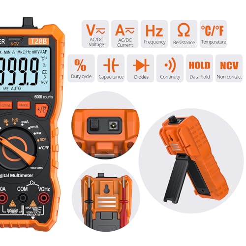 Image of Proster Digital Multimeter - TRMS Voltmeter Multimetro Auto Range Multi Testers, 20A DC AC Current Meter NCV Detector Magnetic Hanging Hands-Free Design with Temperature Probe Backlit LCD Flashlight
