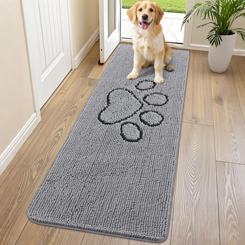 Image of Smiry Dog Door Mat for Muddy Paws, Absorbent Dirt Trapper Non Slip Quick Dry Washable Chenille Mat for Mud Dogs, Entry Rug for Indoor and Outdoor (70x24 Inches, Grey and Black)