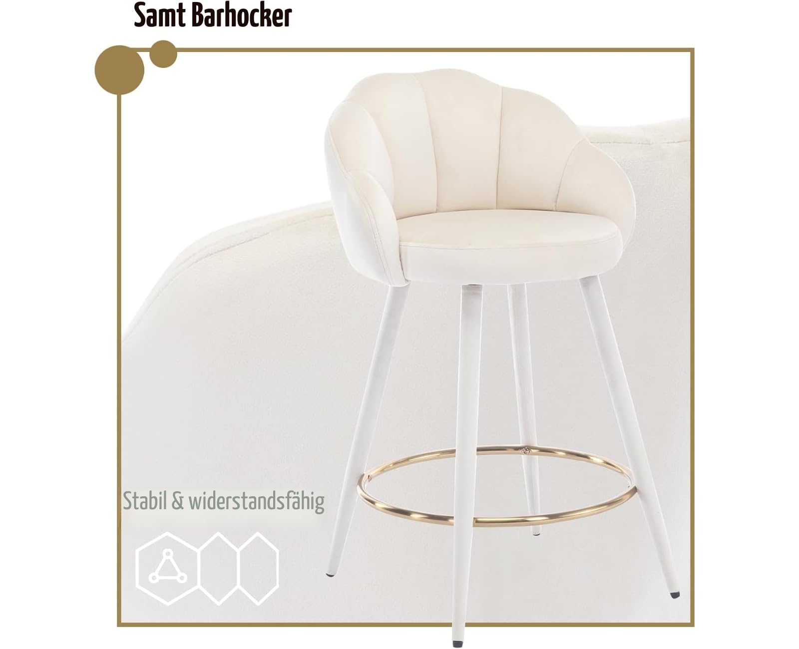 chairus Barstuhl 2er Set Samt Küchenhocker muschelform mit Lehne Beige | Modern Tresenhocker Gepolstert Barstuhl mit Metallbeine, Bistrohocker mit Fußstütze für Küche Hausbar Esszimmer