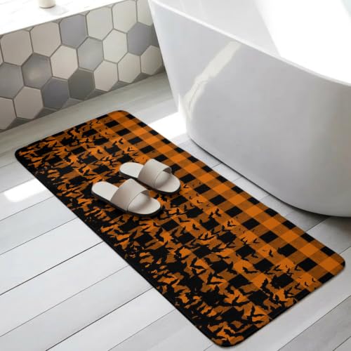 Halloween Bathroom Runner Rugs Non Slip Washable Absorbent Narrow Long Bath Mat Orange Black Paid Horror Bat Spooky Halloween Runner Rugs for Kitchen Hallway Bedroom Laundry Study Room 15.7"x47.2"