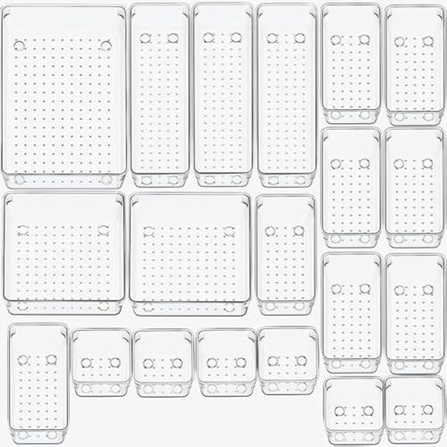 Snazzy 20 Pcs Clear Plastic Drawer Organizers Set 4-Size Versatile Makeup Organizer Trays Bathroom And Vanity Storage Dividers Bins Boxes For Dresser,Jewelries Utensils And Office,Transparent