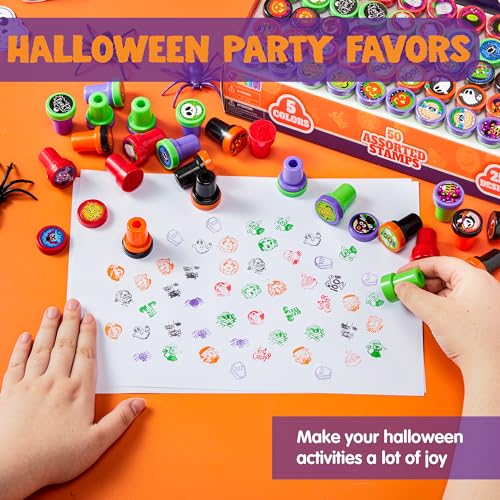 Image of JOYIN 50 Pcs Halloween Stamps for Kids, 25 Designs Assorted Plastic Stamps Bulk, Trick Or Treat Stampers for Halloween Party Favor Gifts, Halloween Goodie Bag Fillers Classroom Game Prizes