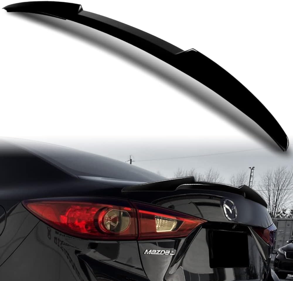 Q1-TECH, ABS Rear Trunk Lip Wing Spoiler Compatible with 2014 2015 2016 2017 2018 Mazda 3 Sedan, Rear Wing V-Style Replacement Trunk Boot Rear Spoiler (Pearl Black)