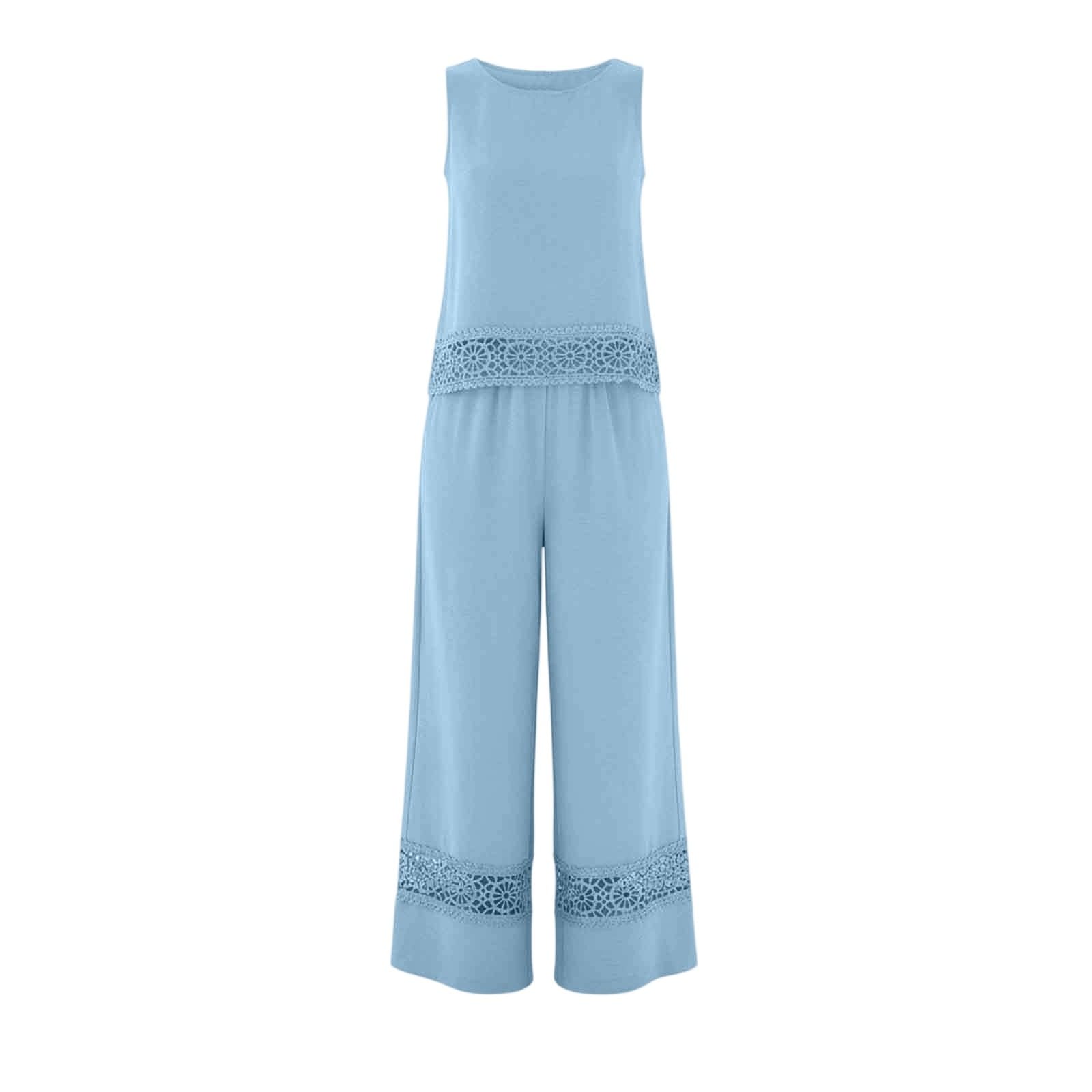Générique Ensemble Femme Chic et Élégant Bohème, Deux Pièces Top Sans Manches Pantalon Large, Tenue Décontractée Léger Respirant pour Vacances d'Été et Sorties Quotidiennes à Dentelle 2 Pièces