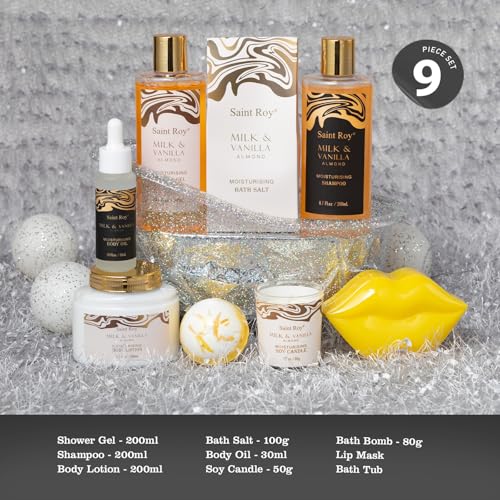 Image of Spa Gift Basket, beauty bath kit Mother Day Gifts for Women, Bath and Body Almond Milk Vanilla Spa Gifts for Women, Bath Gift Set Christmas, Scent Lotion, Lip Mask, Birthday Holiday Bridal Shower