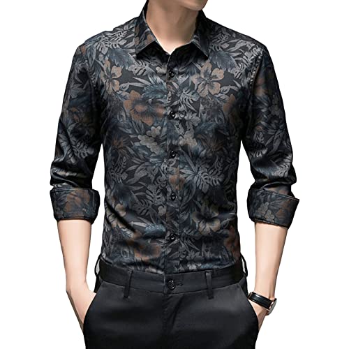 Men's Long Sleeve Slim Casual Floral Dress Shirts Stylish Flower Print Shirt Rose Printed Shirts Wedding Party