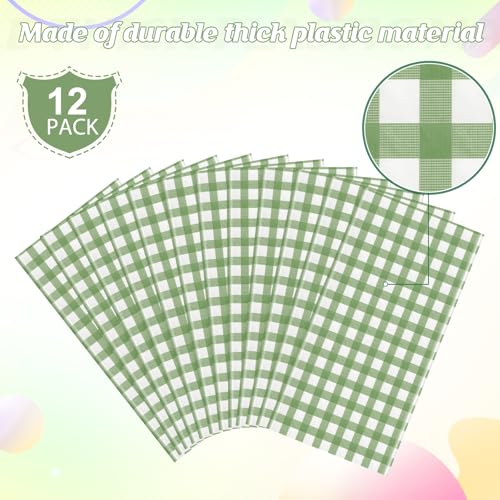 Image of 12 Pack Sage Green Plastic Checkered Tablecloth Round, Premium Decorative Disposable Sage Green Gingham Plaid Table Cloths for Parties, Round Party Table Cover for Baby Shower Picnic Birthday, 84 Inch