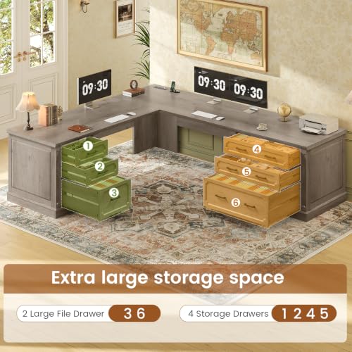 Image of SEDETA Farmhouse 78.8 inch L Shaped Desk with 6 Drawers, Home Office Desk with Power Outlet, File Cabinet Storage, Wood Corner Computer Desk for Work and Study, Gray