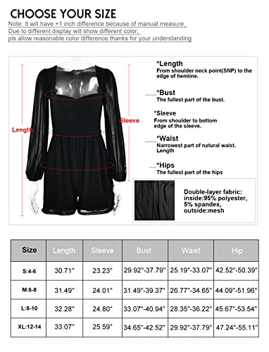 Fantoye Women's Rompers Ruched Lantern Long Sleeve One Piece Outfit Solid Square Neck Shorts Jumpsuit Fuchsia Large #TOP5