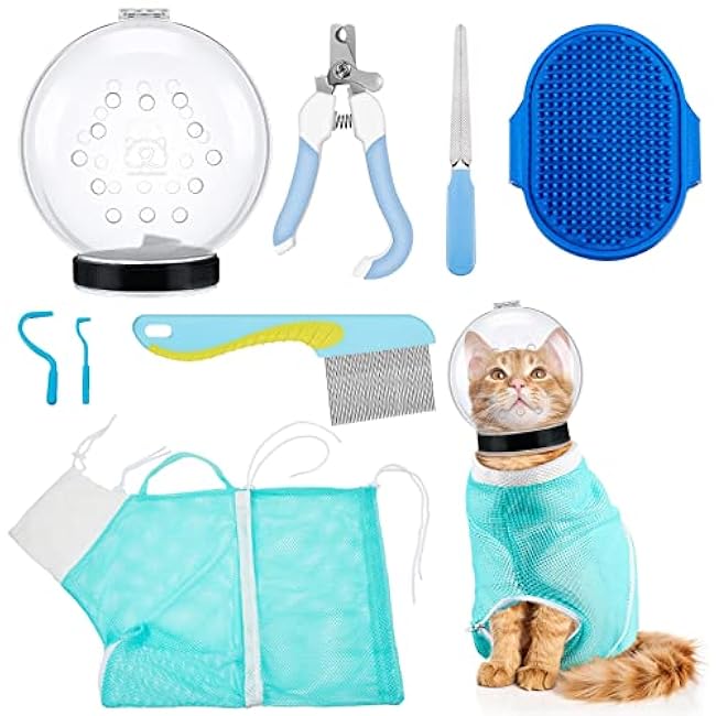 8 Pcs Cat Muzzle Set with Adjustable Cat Bathing Bag Breathable Clear Muzzle Pet Grooming Brush Tick Remover Tool Nail Clipper Nail File for Dog, Bunny Cleaning Trimming(M Size,Blue)-abd4orS7