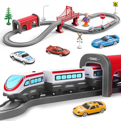 Elektrische Eisenbahn Spielzeug 67 Teile, Zug Spielset Sets mit Operated & Abbildung Acht magnetische Tracks, Kompatibel mit Brio, Geschenk für Kinder 3 4 5 6 7 8 Jahre (Jungen & Mädchen)-Rot