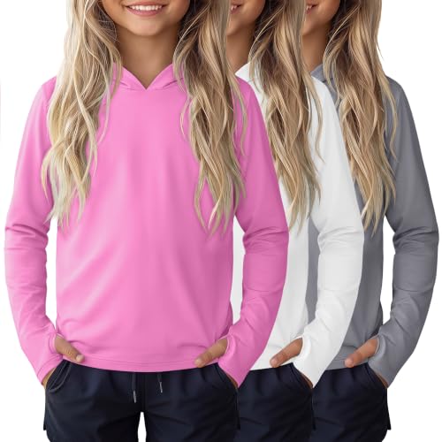 Image of 3 Pack Girls Sun Protection Swim Shirts UPF 50+ Long Sleeve Rash Guard Lightweight Quick Dry Hoodies with Thumbhole