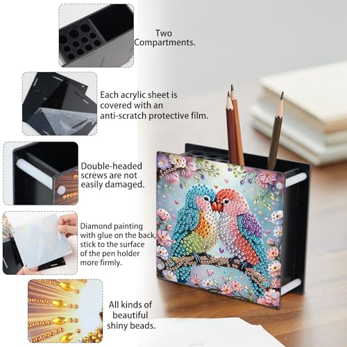 Image of DIY 5D Diamond Painting Pen Holder - Colorful Parrot Couple Pencil Organizer for Bird Lovers, 5D DIY Desk Organizer with Beads, Pencil Organizer for Craft Desk or Gift