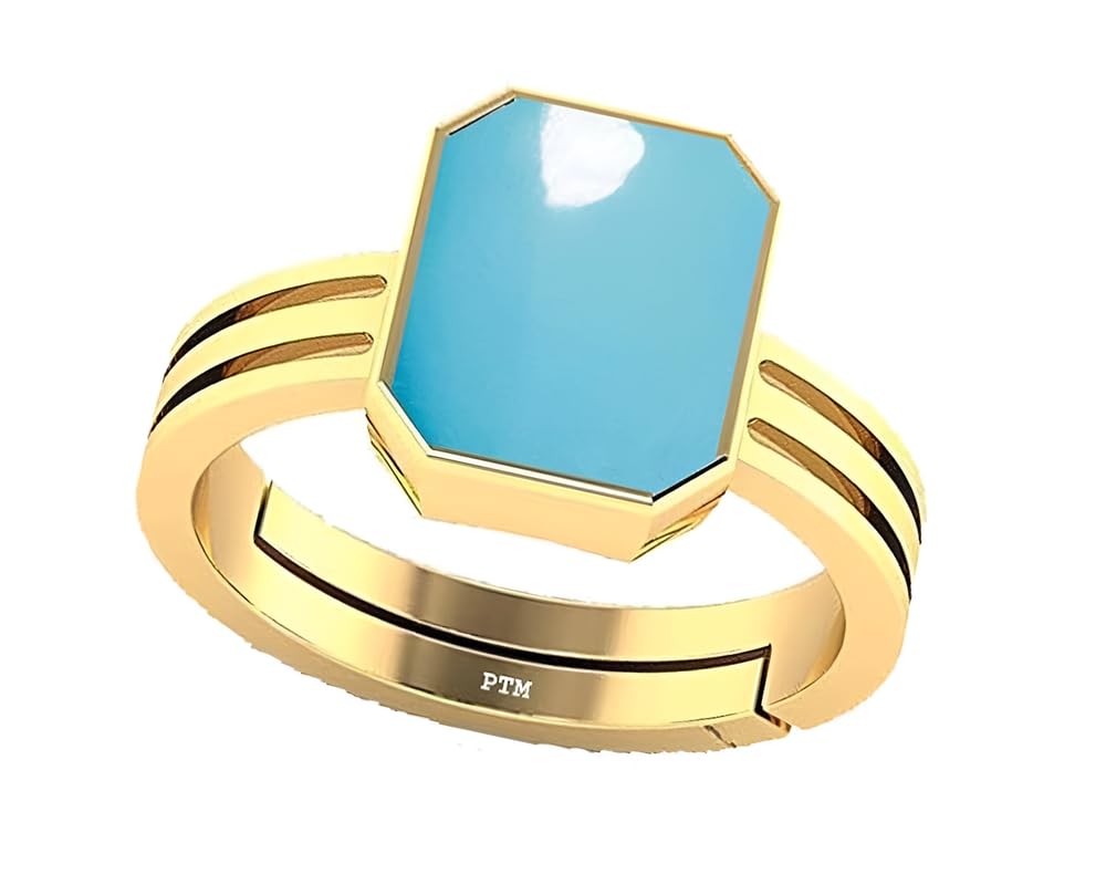 Natural Turquoise/Firoza 3.25 Ratti to 10.25 Ratti or 3 Carat to 9.5 Carat Astrological Certified Gemstone/Square Shape Panchdhatu/5 Metals Gold Plated Adjustable Ring for Men & Women