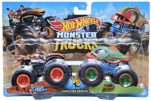 Hot Wheels Monster Trucks Tiger Shark vs Piran-Ahhhh, 1:64 Scale Demolition Doubles