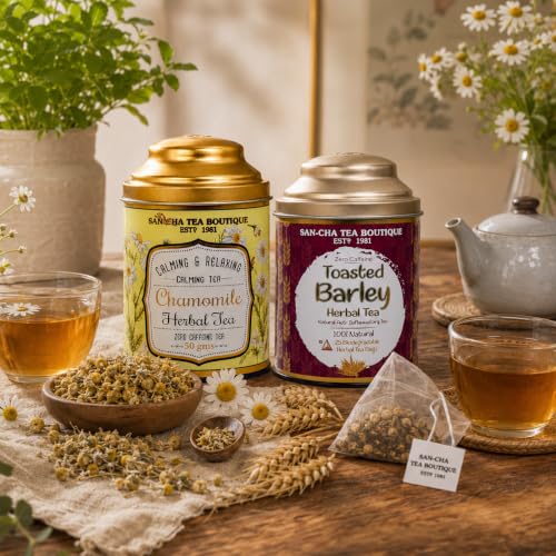 Image of Sancha Tea Boutique, Chamomile Flower 50g & Imported Toasted Barley (25 Pyramid Bags), Caffeine Free Herbal Tisanes, Calming & Digestive Teas