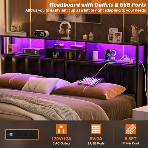 Image of Aheaplus Headboard for King Size Bed with Storage, Upholstered Headboards | with Outlets, USB Ports and LED Light, Reversible King Size Head Board, Height Adjustable, Comfortable Headboard, Black