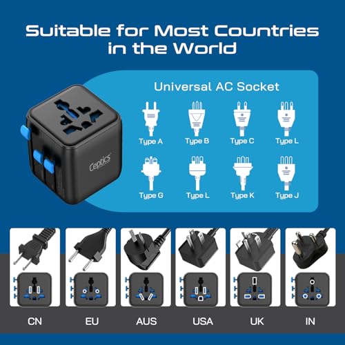 Image of Ceptics 2 in 1 Universal Charger Adapter, Universal Travel Adapter All in One with 2500W High Power Output, International Plug Adapter for Phones, Tablets, Compatible in 150+ Countries
