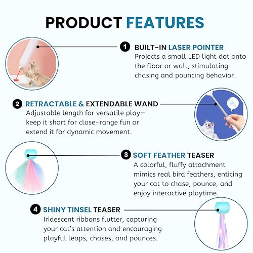 Image of Foodie Puppies Retractable Cat Teaser Wand Toy with Laser Light, Feather Bell Refills & Colorful Tassels for Cats & Kittens | Adjustable, Recycling Design | Interactive Toy for Playing & Pouncing