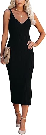 LEEDYA Women's Sleeveless Bodycon Midi Dress 2026 Summer Casual V Neck Ribbed Slim Tank Dress for Going Out Party