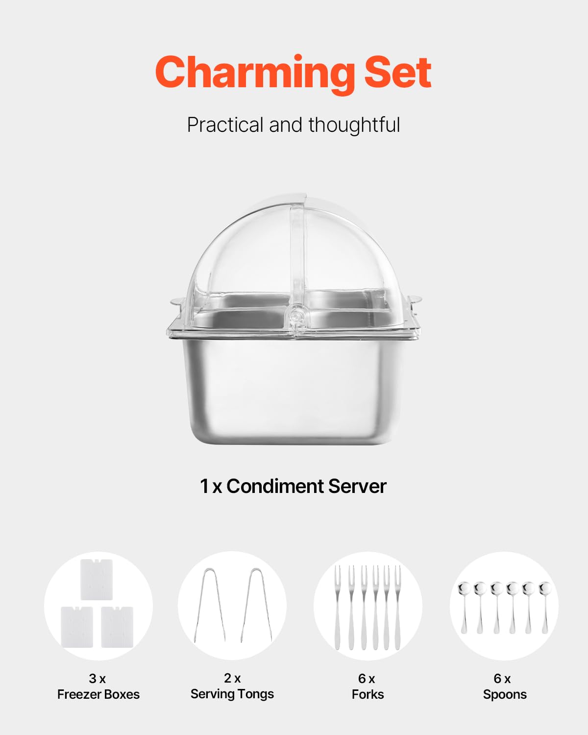 VEVOR Contenitore Espositivo per Servire Cibo da Banco, Vassoio per Servire Cibo in Acciaio Inox 4 Teglie, Espositore per Dispensatori di Condimenti a Buffet con 3 Contenitori per Congelatore