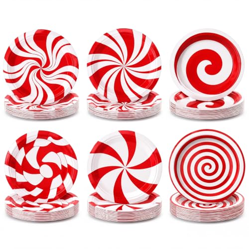 Image of Fourluoo 96 Pcs Christmas Candy Paper Plates 7 Inch Christmas Disposable Peppermint Dinner Plates for Xmas Birthday Party Table Decoration Supplies