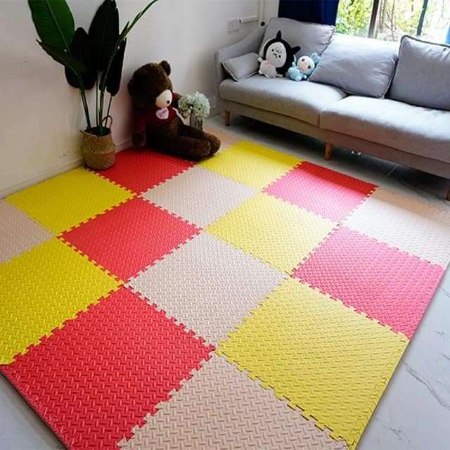 Image of SIGNATRON Puzzle Flooring || Kids Interlocking Play mat || Shops Mat || House Flooring || Play mats for Kids || 12 MM Thick (25 Tiles - 100 Square Feet, Red - Yellow - Grey)