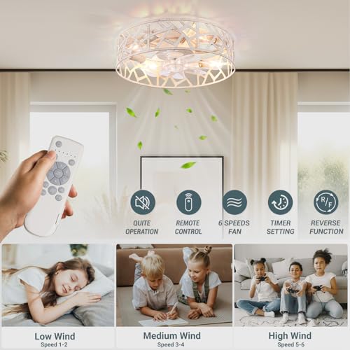 Image of 20 Inch Caged Ceiling Fans with Lights and Remote,Farmhouse Flush Mount Fandelier Ceiling Fan Vintage White, Low Profile Bladeless Ceiling Fans for Bedroom,Kitchen,Living Room