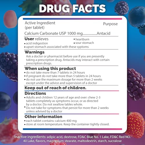 Image of Berkley Jensen Ultra Strength Antacid Chewable Tablets - 1000mg Calcium Carbonate for Heartburn, Acid Indigestion, Upset Stomach Relief - Assorted Berry Flavor - 265 Count