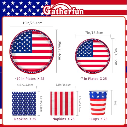 Gatherfun American Flag Patriotic Party Supplies Disposable Napkins Paper Plates and Paper Cups for Veterans Day Election Day 4th of July Independence Day Decorations, Serve 25