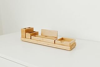 Bamboo Office Desk Organizer with 6 Adjustable Compartments, Neutral Wood Finish, Vanity Tray Set, Dresser, Counter Organizer, Toilet Top Bathroom Decorative Tray, Work from Home Accessories