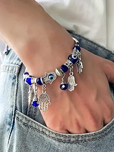 Image of VIEN Blue Beads Evil Eyes Bracelet Hamsa Hand of Fatima Lucky Charm Bracelet