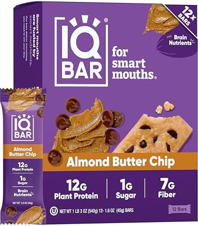 IQBAR Brain and Body Clean Plant Protein Bars - Almond Butter Chip - 12 Bars - Keto, Vegan, High Fiber, Gluten and Dairy Free, Low Sugar Snack with Nutrients for Focus, Energy, Meal Replacement
