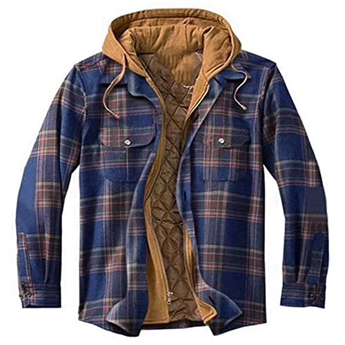 Image of Men Flannel Shirt Jacket with Hooded Thicken Warm Quilted Lined Plaid Jacket Button Down Zipper Big and Tall Jackets