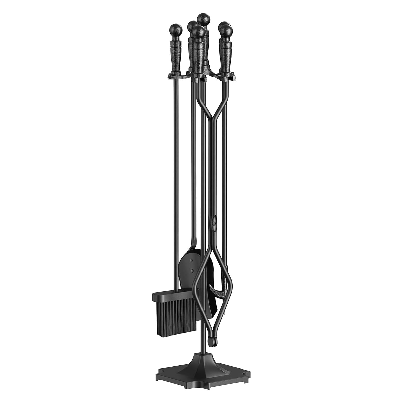 Set di attrezzi per caminetto con base di supporto, kit di accessori per camino, con spazzola, pala, pinza e attizzatoio in ferro battuto, con rastrelliera per camini grandi