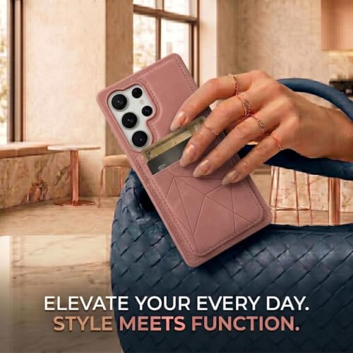 Image of amazon basics Premium Vegan Leather Back Cover with Card Holder and Integrated Mobile Stand for Samsung Galaxy S25 Ultra 5G - Slim Shockproof Wallet Case with Geometric Stitching [Pink]