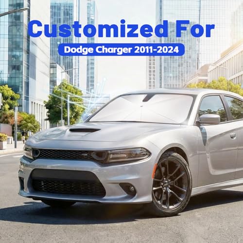 Image of Car Windshield Sun Shade for Dodge Charger 2011-2024 -[Reflective Coated Fabric] Sunshade Umbrella for Front Window, Car Shades Sun Visor Keep Car Cool and Protects Interior, 1:1 Exact Fit